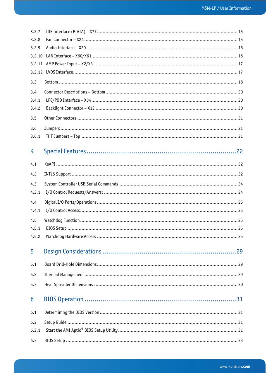 Special features, Design considerations, Bios operation | Kontron MSM-LP Manual User Guide V106 User Manual | Page 3 / 72