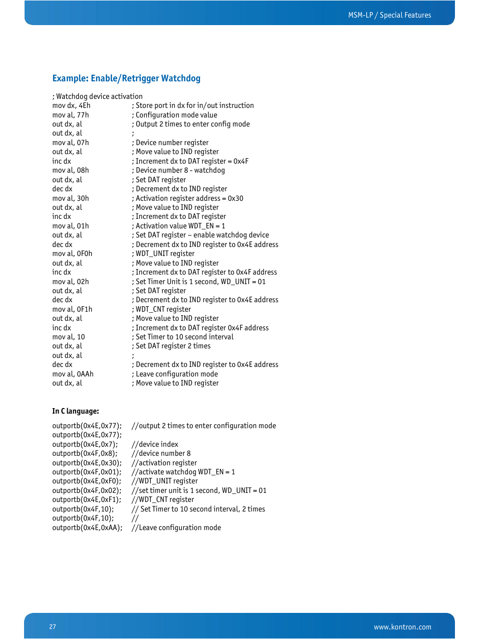 Example: enable/retrigger watchdog | Kontron MSM-LP Manual User Guide V106 User Manual | Page 31 / 72