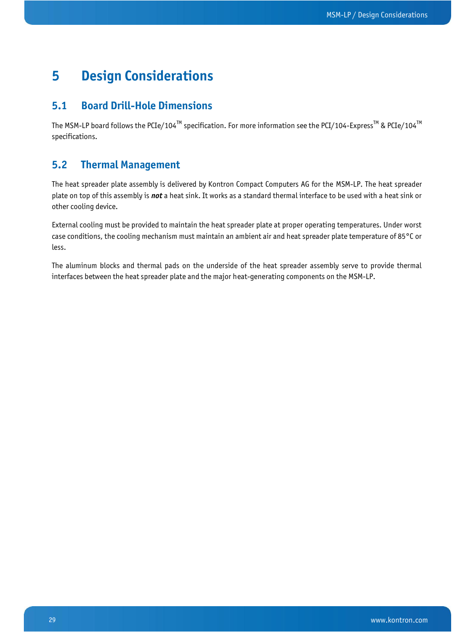 Design considerations, Board drill-hole dimensions, Thermal management | 5design considerations, 1 board drill-hole dimensions, 2 thermal management | Kontron MSM-LP Manual User Guide V106 User Manual | Page 33 / 72