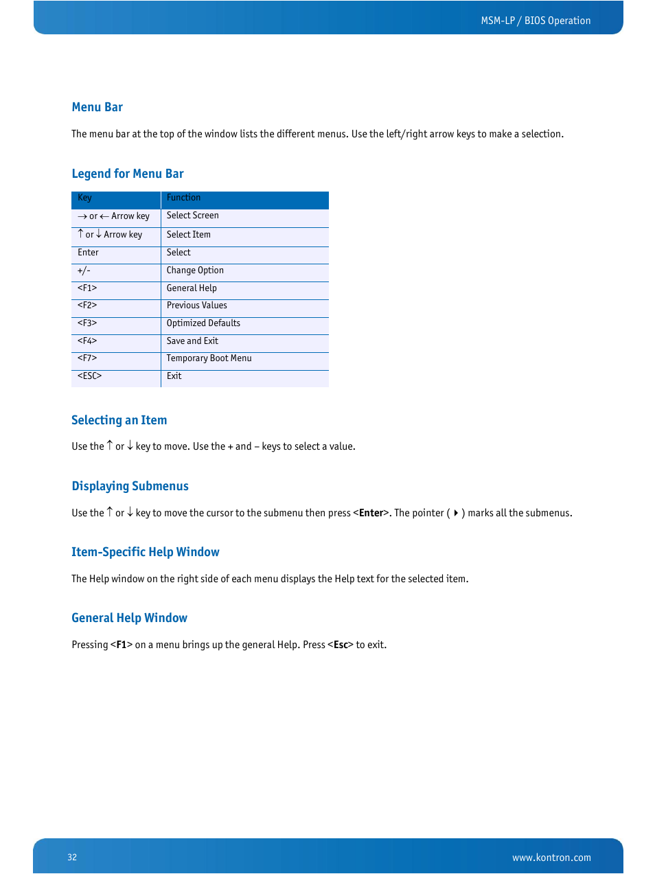 Menu bar, Legend for menu bar, Selecting an item | Displaying submenus, Item-specific help window, General help window | Kontron MSM-LP Manual User Guide V106 User Manual | Page 36 / 72