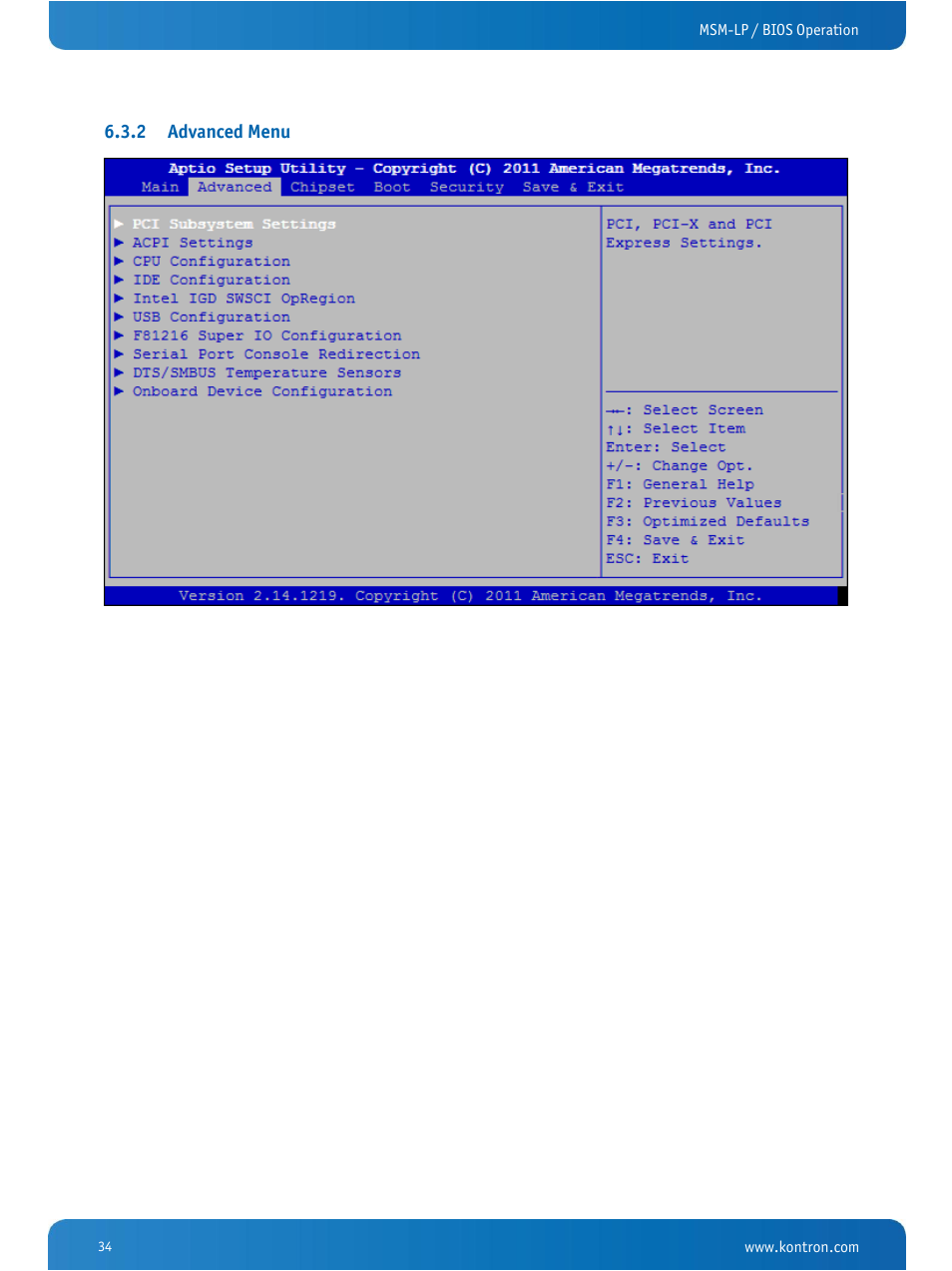 Advanced menu, 2 advanced menu | Kontron MSM-LP Manual User Guide V106 User Manual | Page 38 / 72