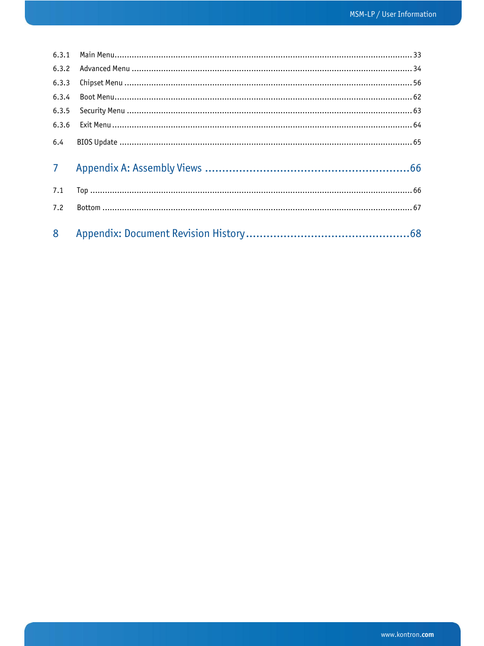 Appendix a: assembly views, Appendix: document revision history | Kontron MSM-LP Manual User Guide V106 User Manual | Page 4 / 72