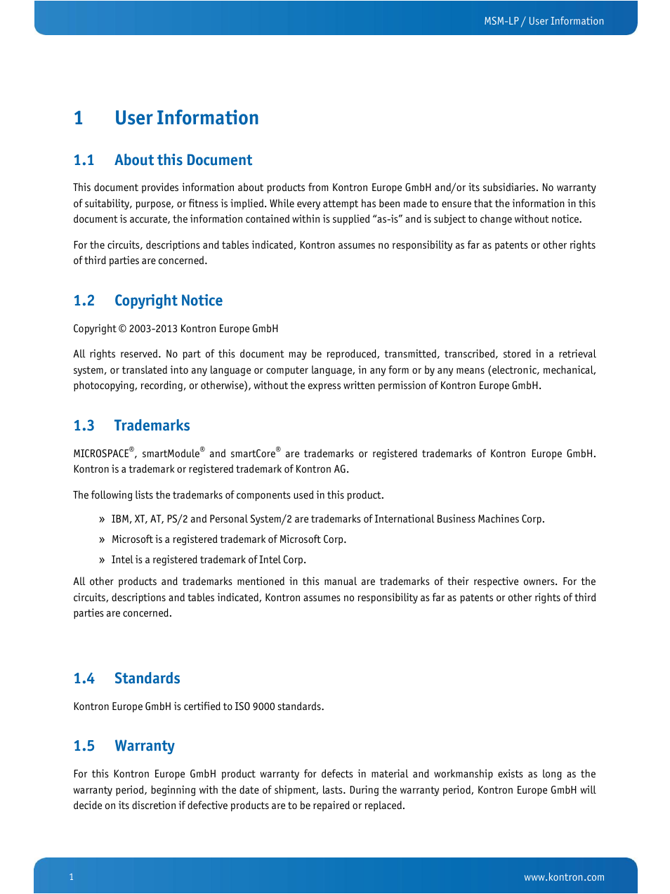 User information, About this document, Copyright notice | Trademarks, Standards, Warranty, 1user information, 1 about this document, 2 copyright notice, 3 trademarks | Kontron MSM-LP Manual User Guide V106 User Manual | Page 5 / 72