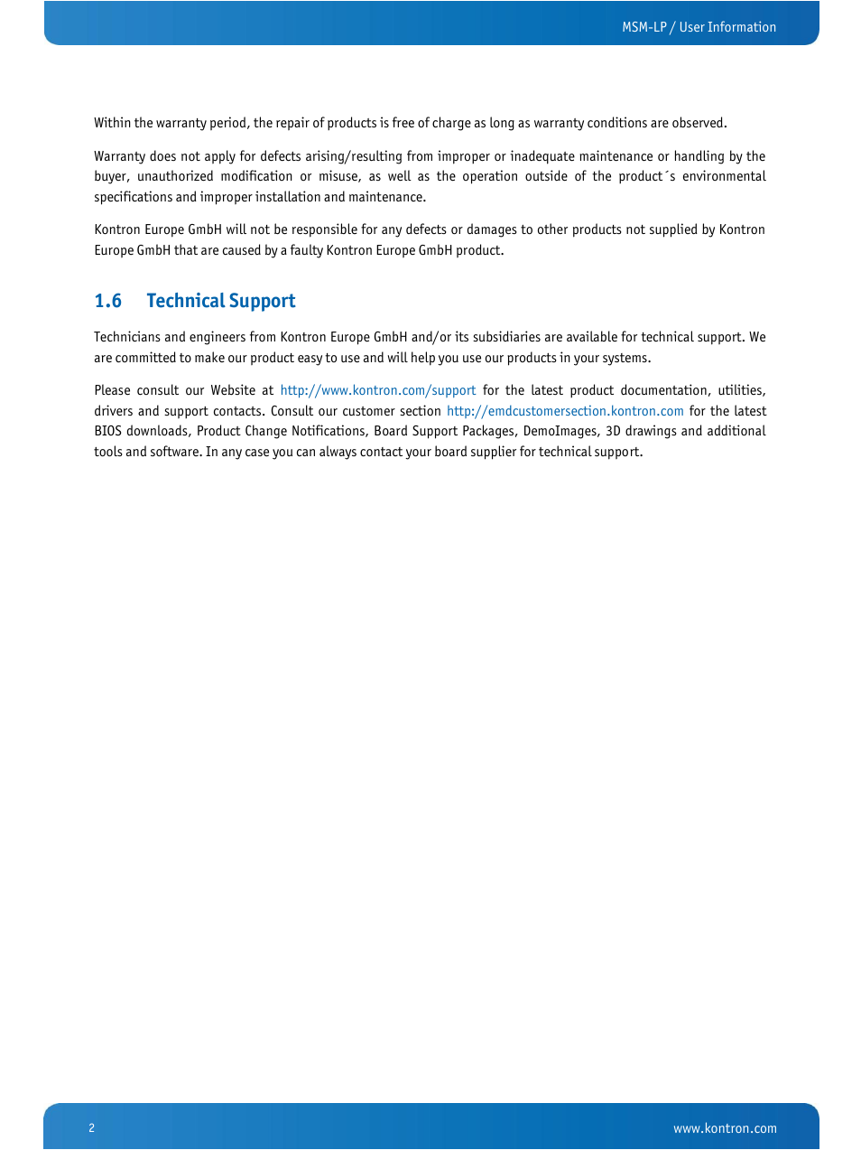 Technical support, 6 technical support | Kontron MSM-LP Manual User Guide V106 User Manual | Page 6 / 72
