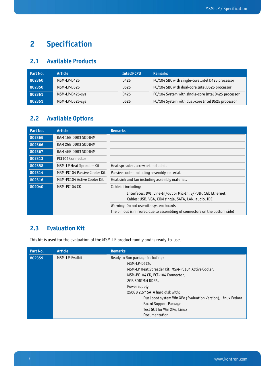 Specification, Available products, Available options | Evaluation kit, 2specification, 1 available products, 2 available options, 3 evaluation kit | Kontron MSM-LP Manual User Guide V106 User Manual | Page 7 / 72