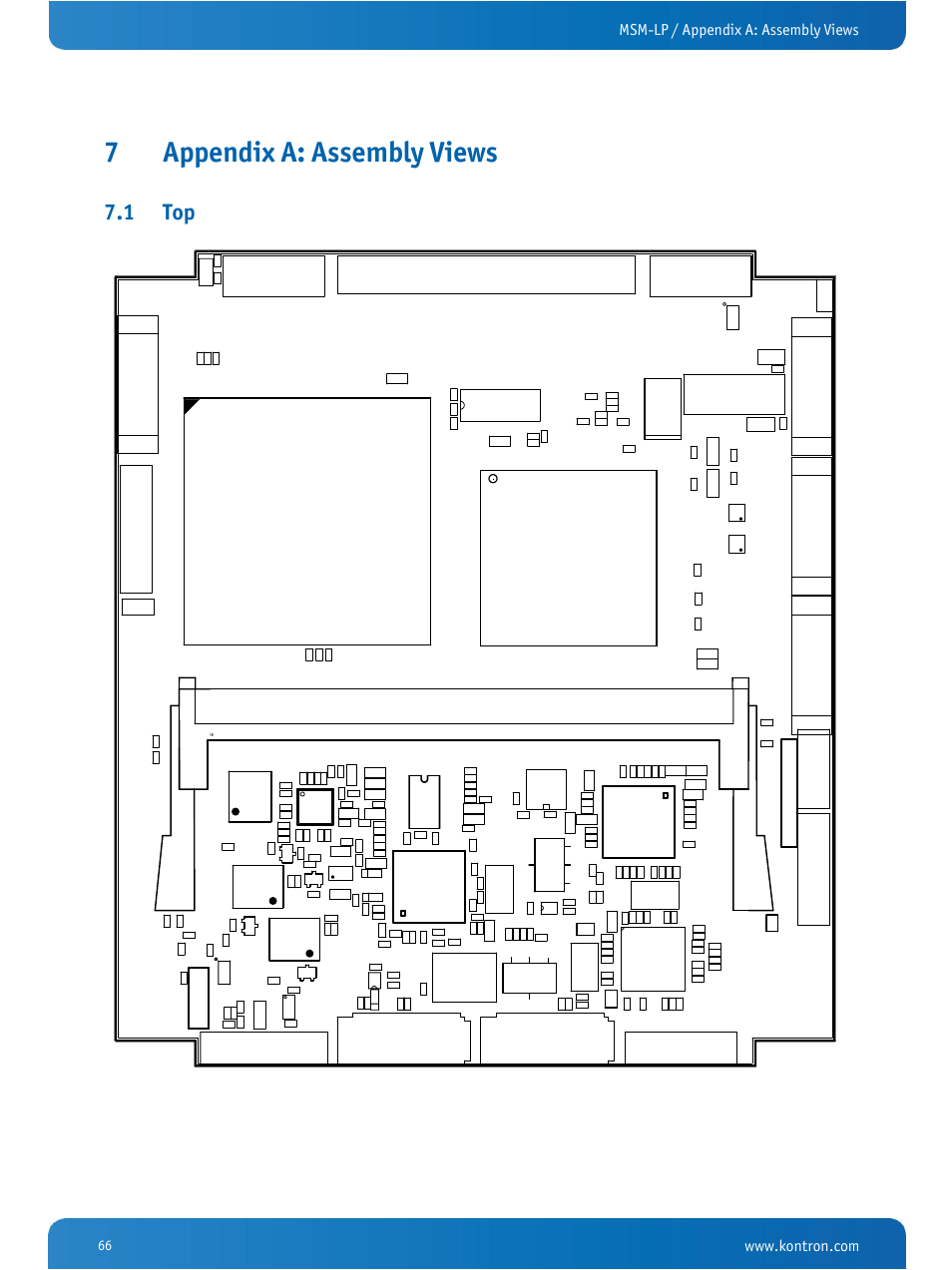 Appendix a: assembly views, 7appendix a: assembly views, 1 top | X 2 5, Msm-lp / appendix a: assembly views, U 1 1, X 5 0, X 5 1, X 6 0, Q1 0 | Kontron MSM-LP Manual User Guide V106 User Manual | Page 70 / 72