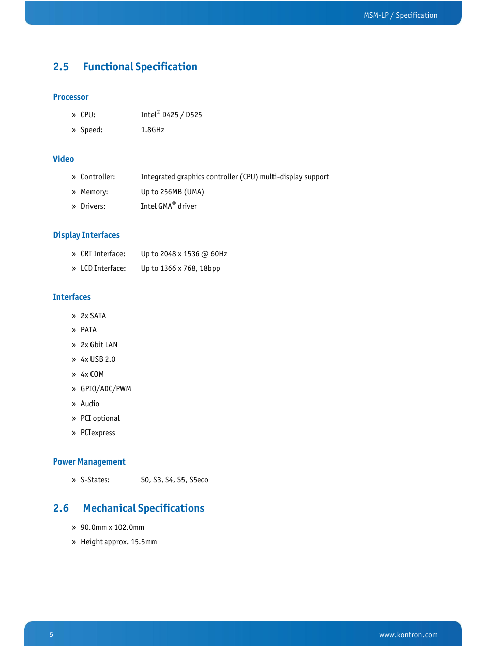Functional specification, Mechanical specifications, 5 functional specification | 6 mechanical specifications | Kontron MSM-LP Manual User Guide V106 User Manual | Page 9 / 72