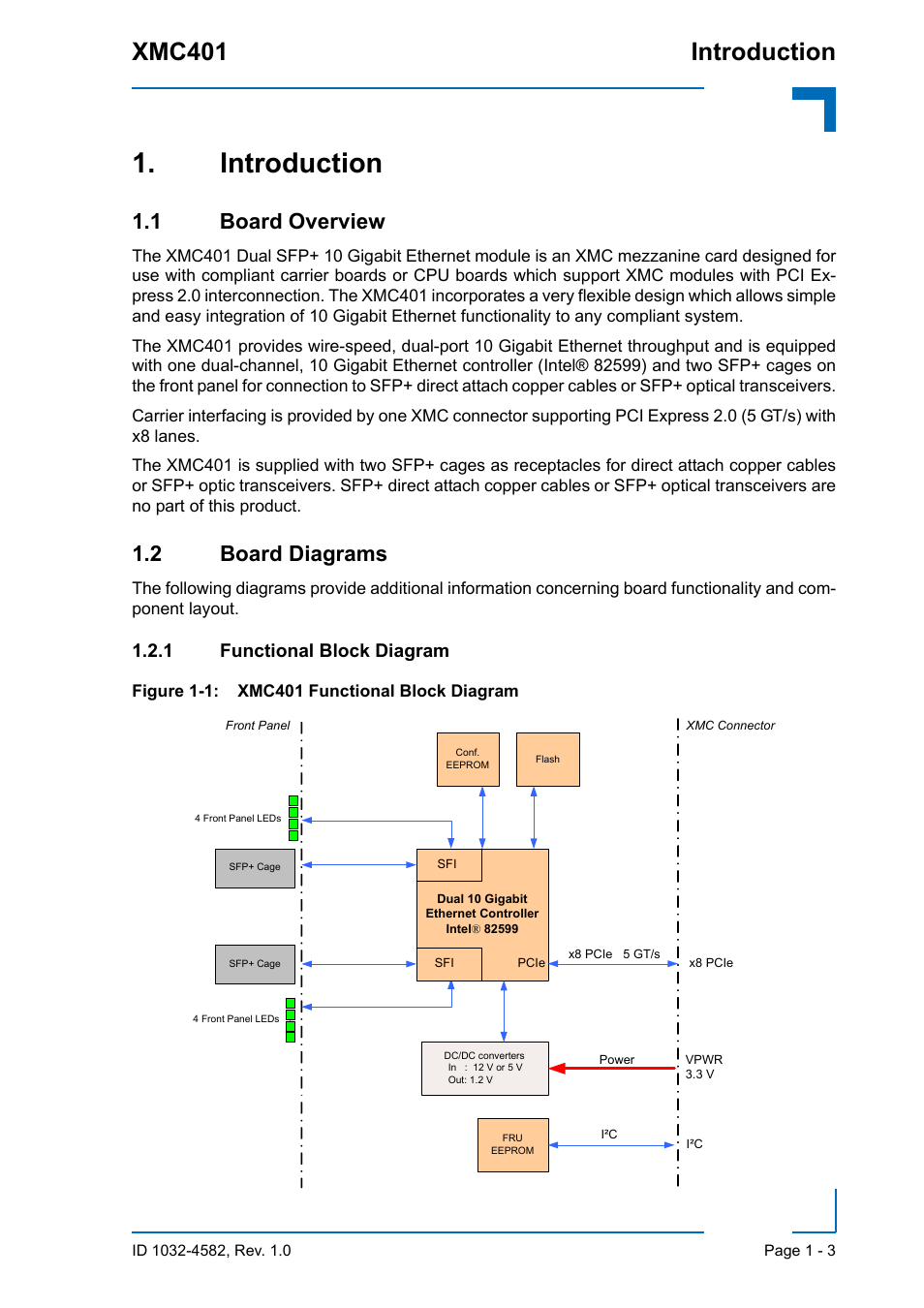 Introduction, 1 board overview, 2 board diagrams | 1 functional block diagram, Introduction - 3, 1 board overview - 3 1.2 board diagrams - 3, Functional block diagram - 3, Xmc401 functional block diagram - 3, Xmc401 introduction | Kontron XMC401 User Manual | Page 15 / 20