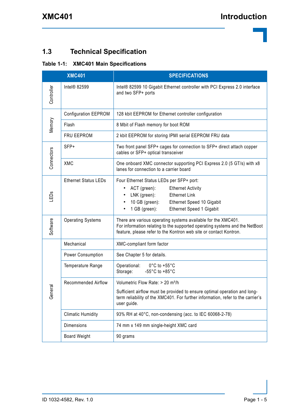 3 technical specification, 3 technical specification - 5, Xmc401 main specifications - 5 | Xmc401 introduction | Kontron XMC401 User Manual | Page 17 / 20