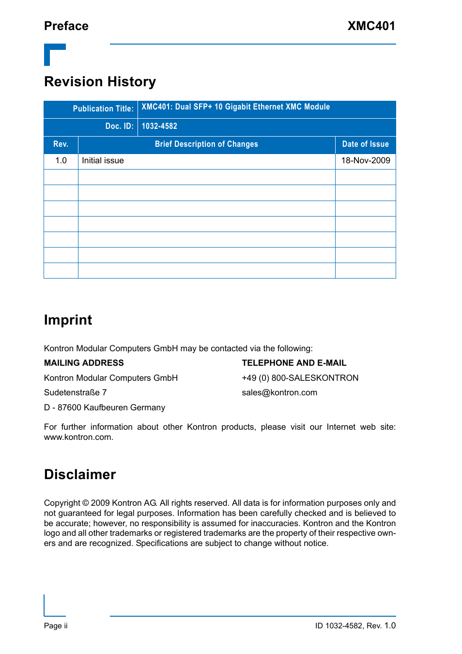 Revision history, Imprint, Disclaimer | Revision history imprint, Preface xmc401 | Kontron XMC401 User Manual | Page 2 / 20