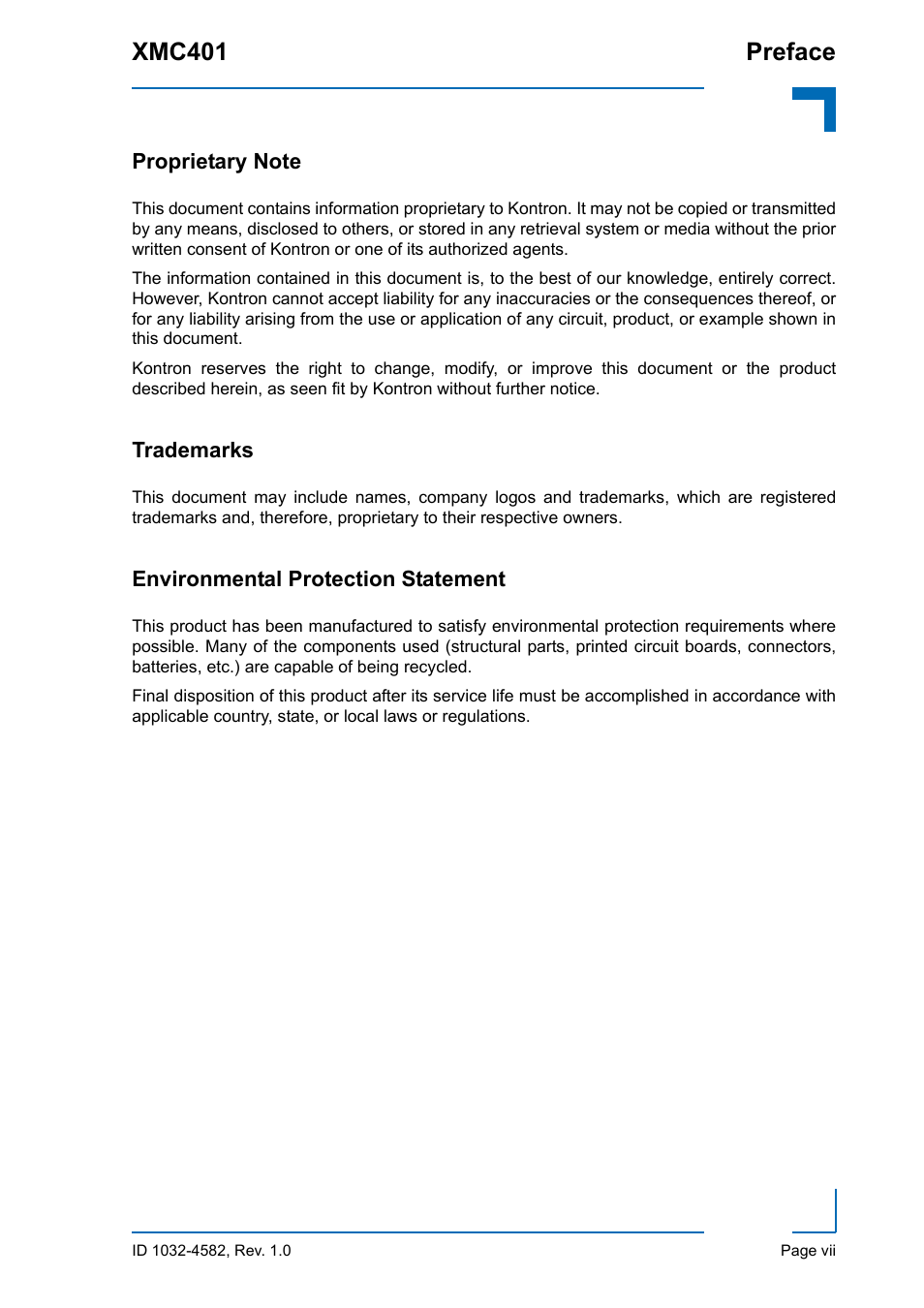 Proprietary note, Trademarks, Environmental protection statement | Xmc401 preface | Kontron XMC401 User Manual | Page 7 / 20