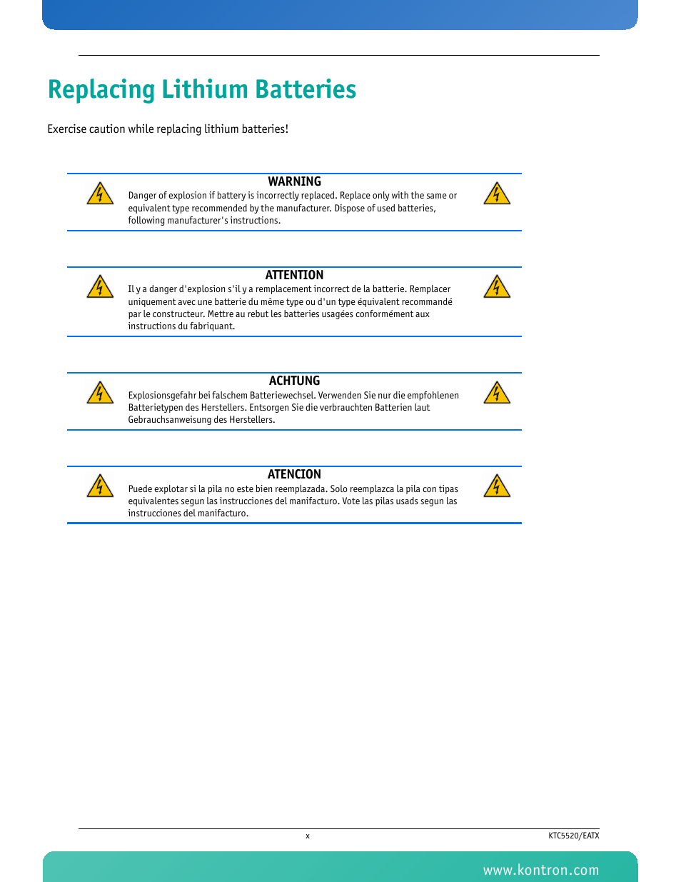 Replacing lithium batteries | Kontron KTC5520-EATX User Manual | Page 11 / 115