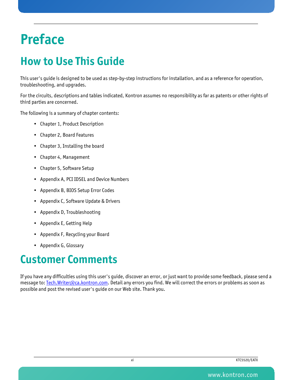 Preface, How to use this guide, Customer comments | Kontron KTC5520-EATX User Manual | Page 12 / 115