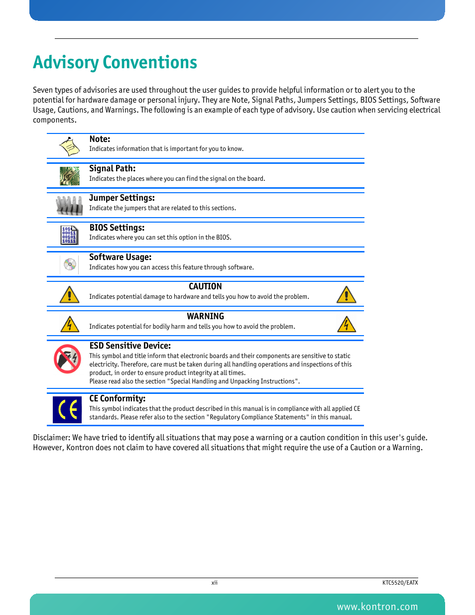 Advisory conventions | Kontron KTC5520-EATX User Manual | Page 13 / 115