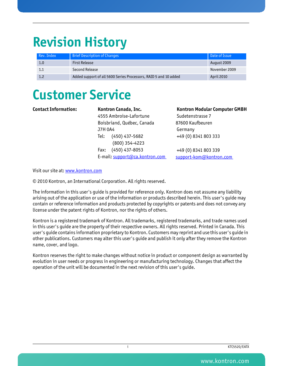 Revision history customer service | Kontron KTC5520-EATX User Manual | Page 2 / 115