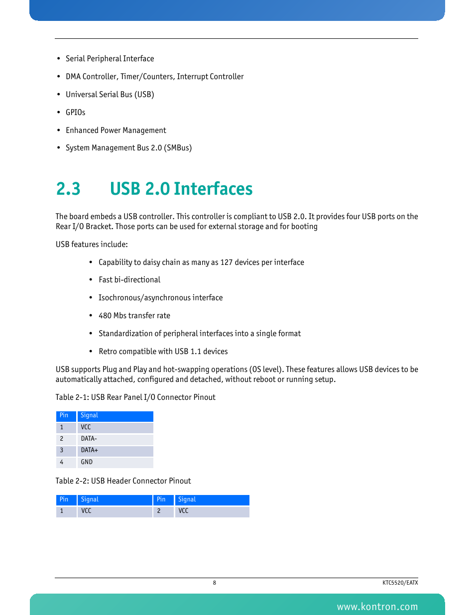 3 usb 2.0 interfaces | Kontron KTC5520-EATX User Manual | Page 24 / 115