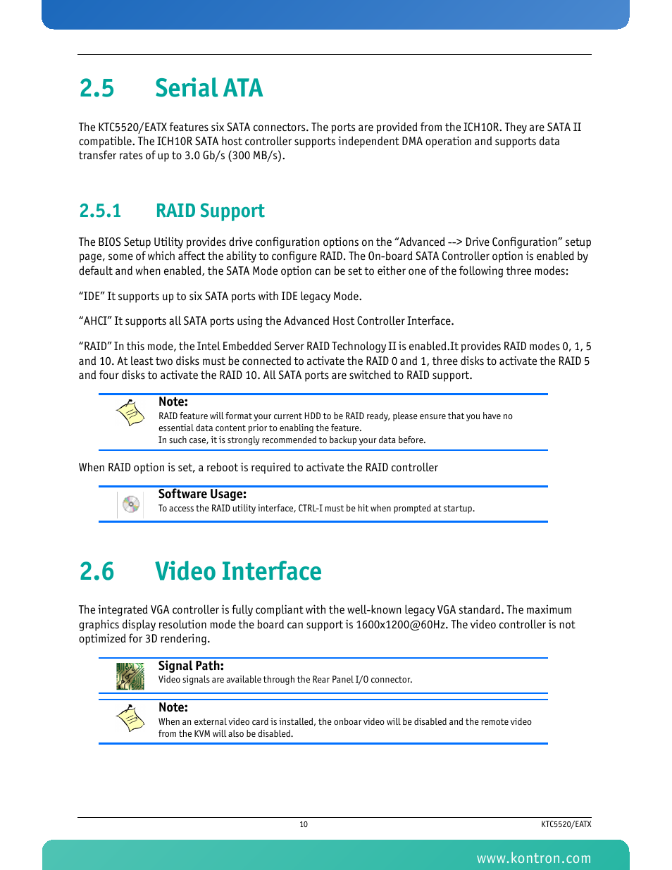 5 serial ata, 1 raid support, 6 video interface | Raid support, 5 serial ata 2.6 video interface | Kontron KTC5520-EATX User Manual | Page 26 / 115