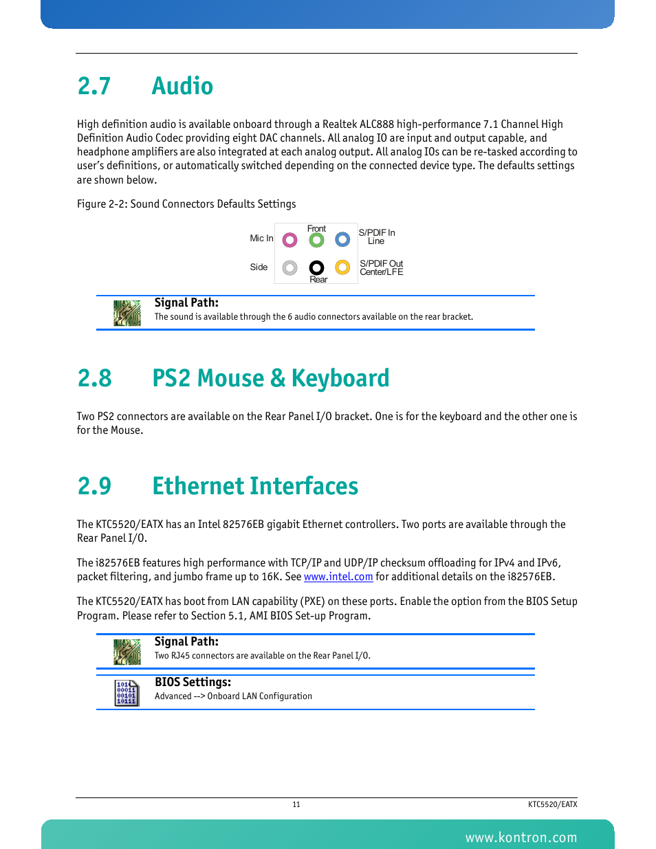 7 audio, 8 ps2 mouse & keyboard, 9 ethernet interfaces | Figure 2-2: sound connectors defaults settings | Kontron KTC5520-EATX User Manual | Page 27 / 115