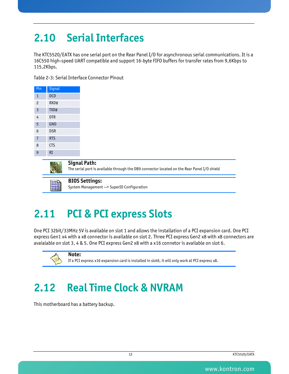 10 serial interfaces, 11 pci & pci express slots, 12 real time clock & nvram | Table 2-3 serial interface connector pinout | Kontron KTC5520-EATX User Manual | Page 28 / 115