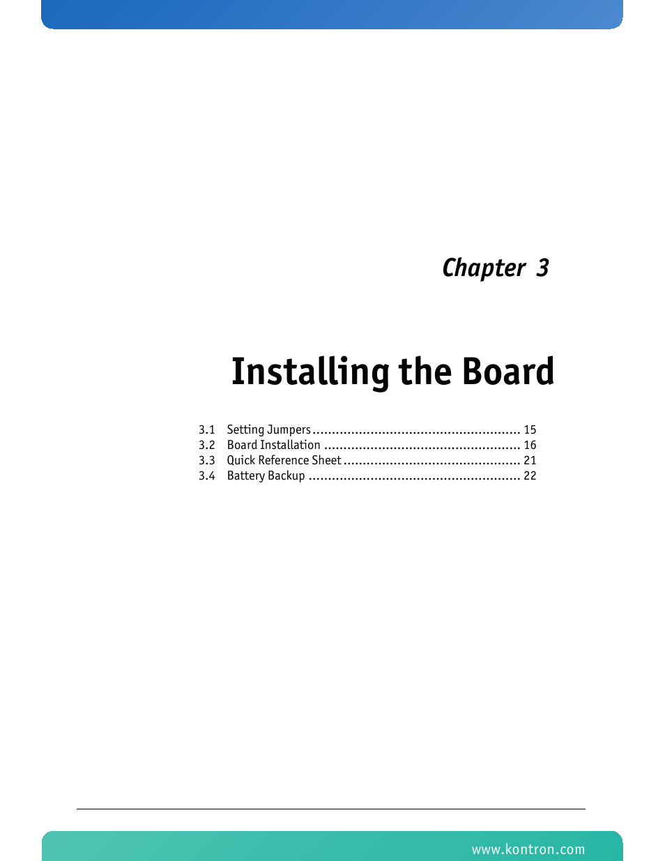 Installing the board, Chapter 3 | Kontron KTC5520-EATX User Manual | Page 30 / 115