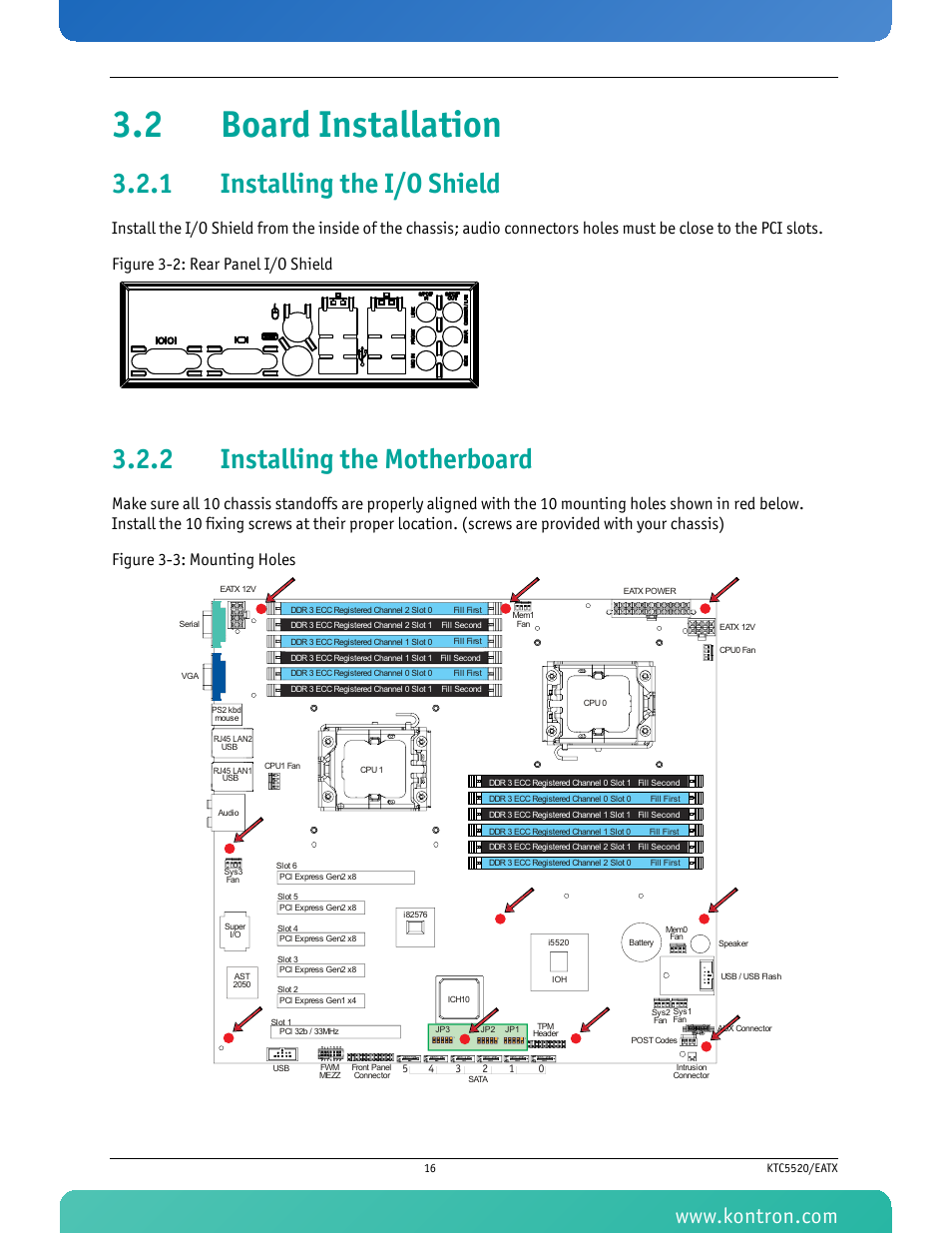 2 board installation, 1 installing the i/o shield, 2 installing the motherboard | Installing the i/o shield, Installing the motherboard | Kontron KTC5520-EATX User Manual | Page 32 / 115