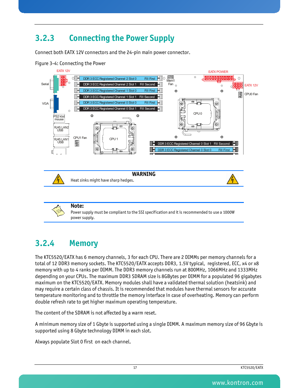 3 connecting the power supply, 4 memory, Connecting the power supply | Memory, Figure 3-4: connecting the power, Warning | Kontron KTC5520-EATX User Manual | Page 33 / 115