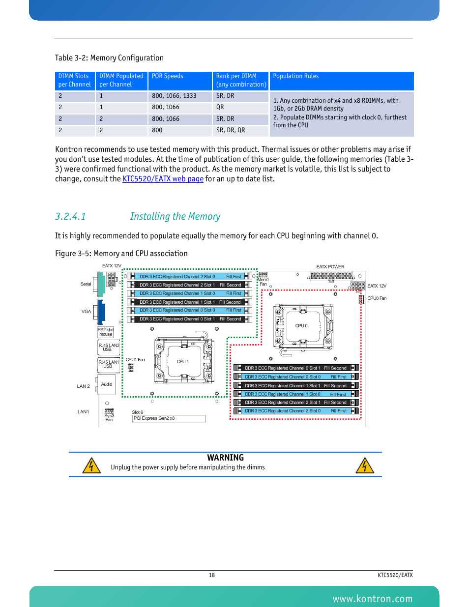 1 installing the memory, Figure 3-5: memory and cpu association, Table 3-2 memory configuration | Warning | Kontron KTC5520-EATX User Manual | Page 34 / 115