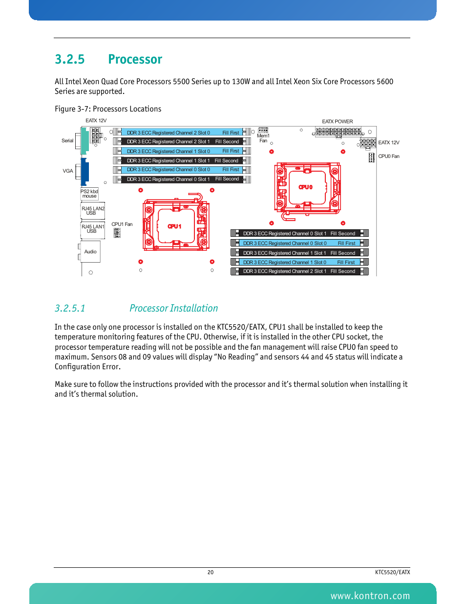 5 processor, 1 processor installation, Processor | Figure 3-7: processors locations | Kontron KTC5520-EATX User Manual | Page 36 / 115