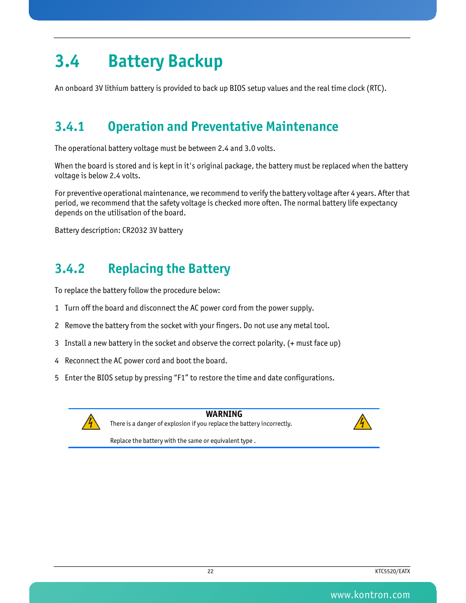 4 battery backup, 1 operation and preventative maintenance, 2 replacing the battery | Operation and preventative maintenance, Replacing the battery | Kontron KTC5520-EATX User Manual | Page 38 / 115