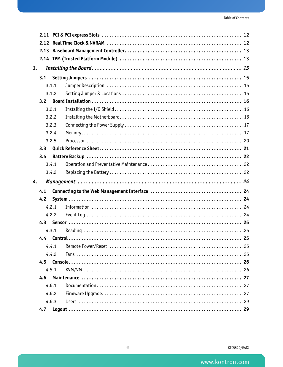 Installing the board 15, Management 24 | Kontron KTC5520-EATX User Manual | Page 4 / 115