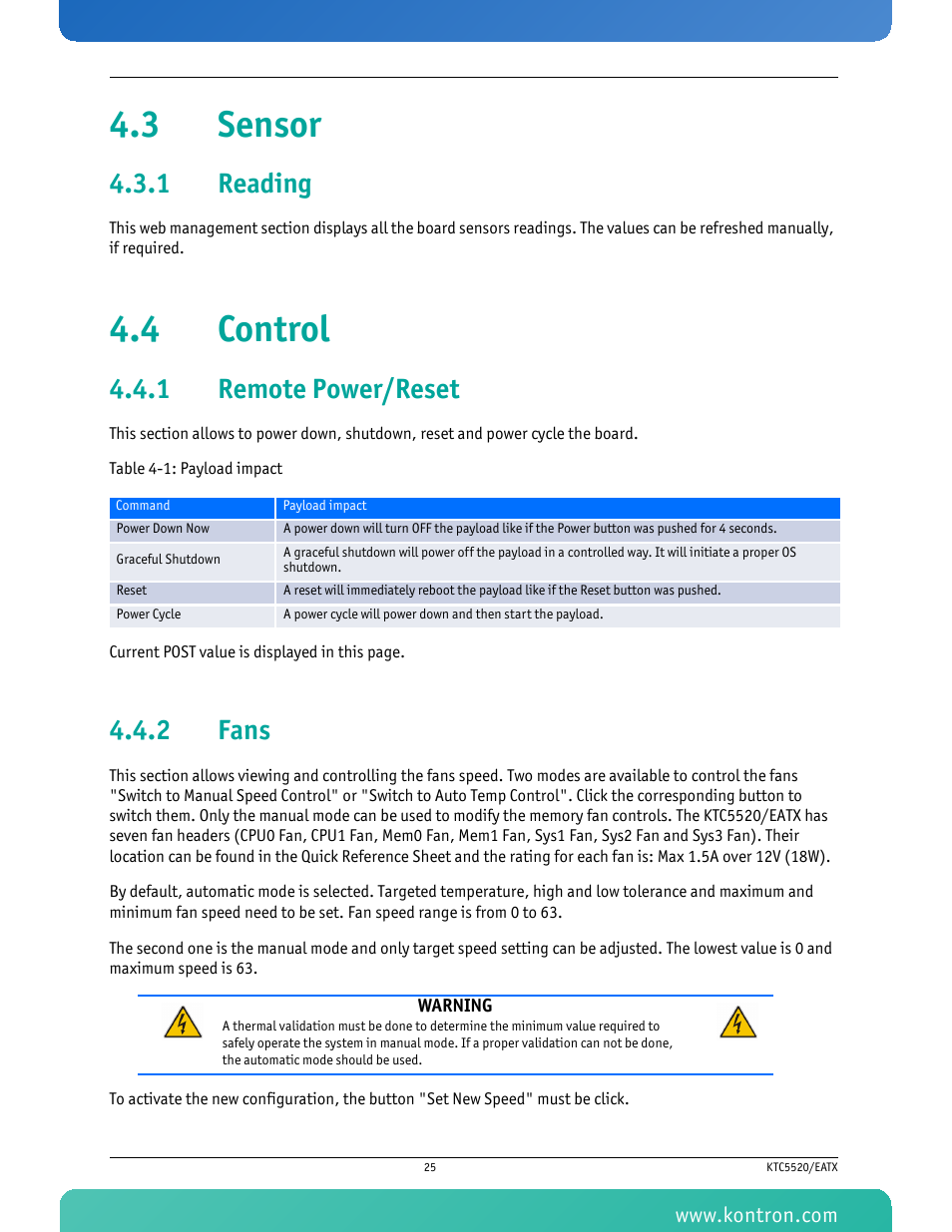 3 sensor, 1 reading, 4 control | 1 remote power/reset, 2 fans, Reading, Remote power/reset, Fans, Table 4-1 payload impact, 3 sensor 4.4 control | Kontron KTC5520-EATX User Manual | Page 41 / 115