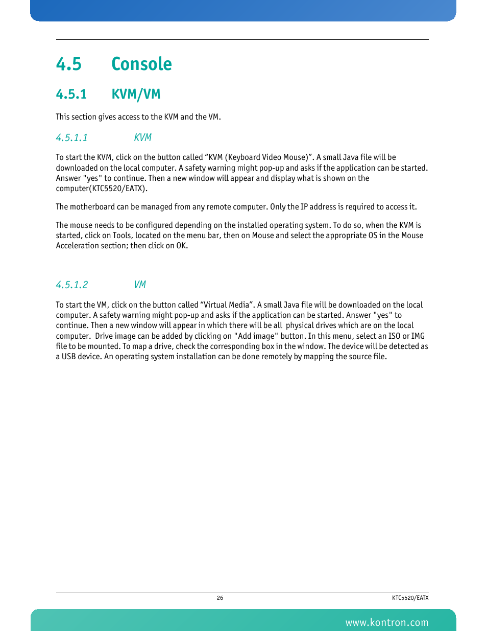 5 console, 1 kvm/vm, 1 kvm | 2 vm, Kvm/vm | Kontron KTC5520-EATX User Manual | Page 42 / 115
