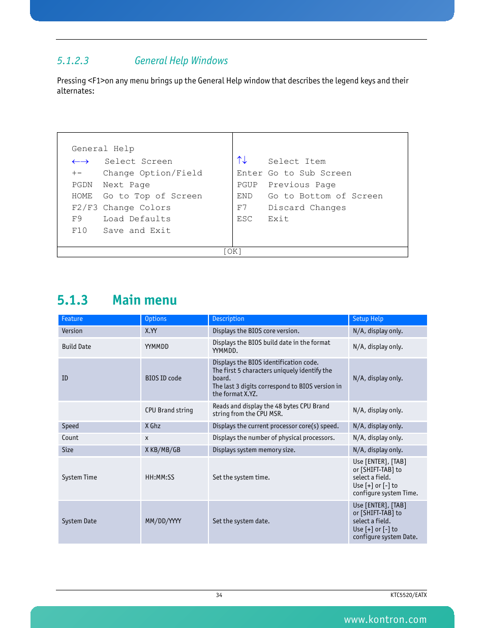 3 general help windows, 3 main menu, Main menu | Kontron KTC5520-EATX User Manual | Page 50 / 115