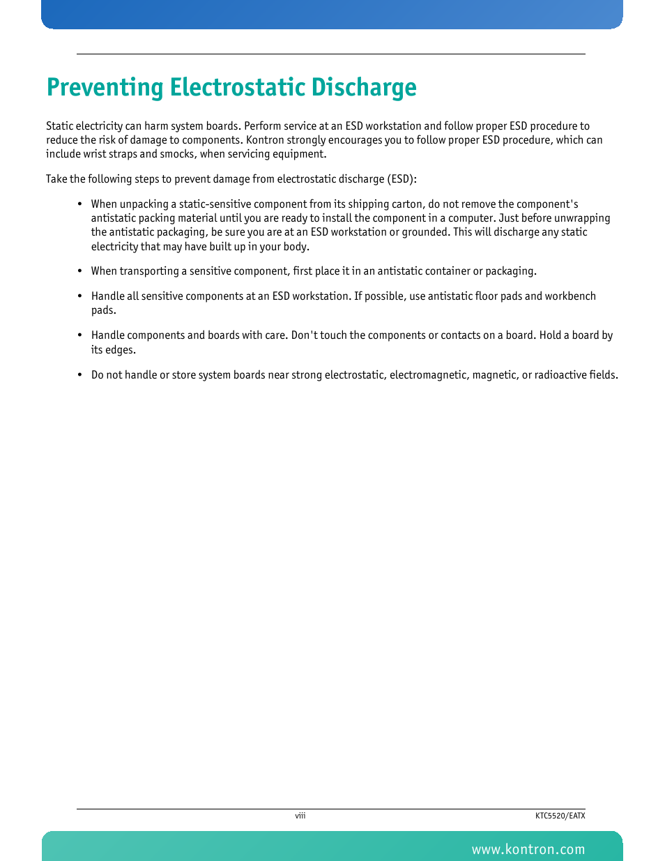 Preventing electrostatic discharge | Kontron KTC5520-EATX User Manual | Page 9 / 115