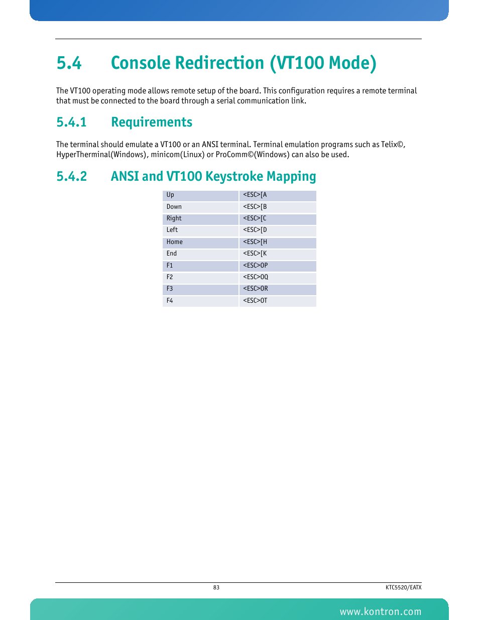 4 console redirection (vt100 mode), 1 requirements, 2 ansi and vt100 keystroke mapping | Requirements, Ansi and vt100 keystroke mapping | Kontron KTC5520-EATX User Manual | Page 99 / 115