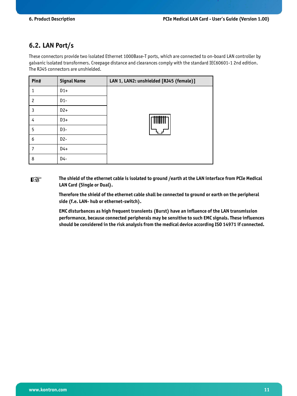 Lan port/s | Kontron PCIe Medical LAN Card User Manual | Page 13 / 22