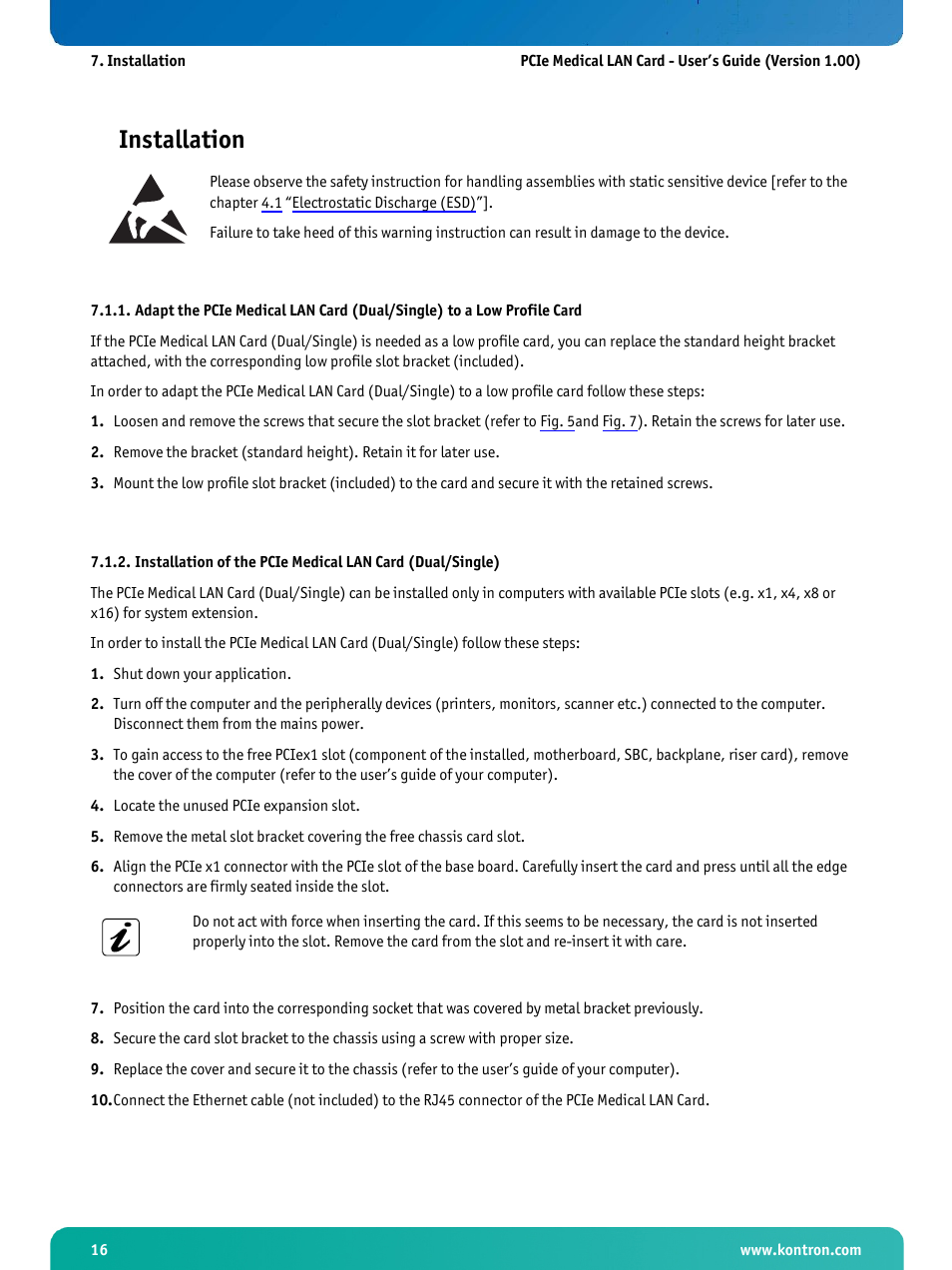 Installation | Kontron PCIe Medical LAN Card User Manual | Page 18 / 22