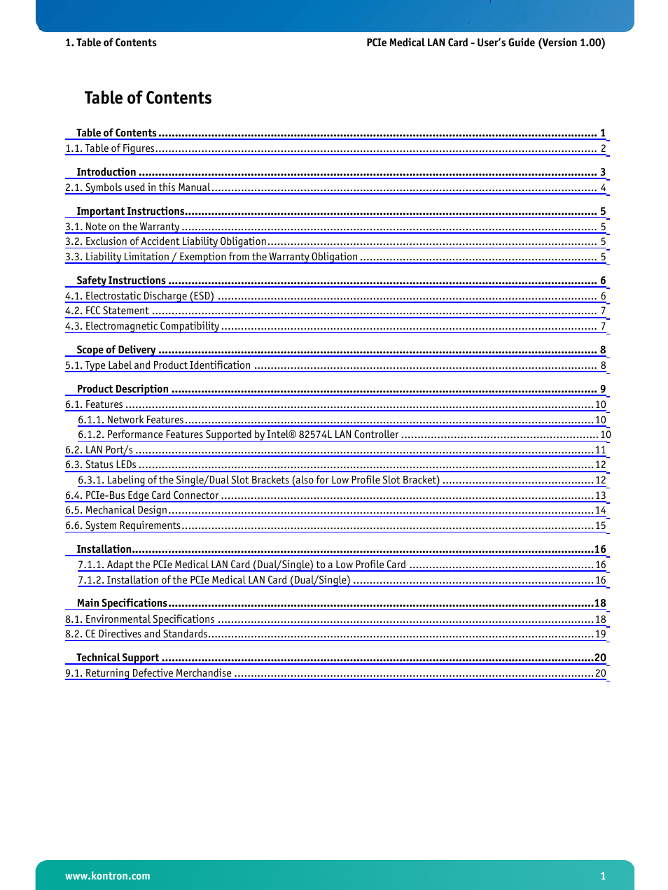 Kontron PCIe Medical LAN Card User Manual | Page 3 / 22