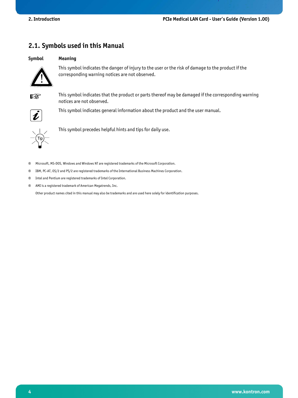 Symbols used in this manual | Kontron PCIe Medical LAN Card User Manual | Page 6 / 22