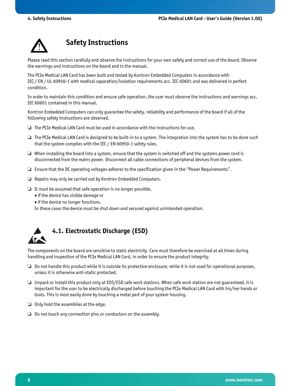 Safety instructions, Electrostatic discharge (esd) | Kontron PCIe Medical LAN Card User Manual | Page 8 / 22