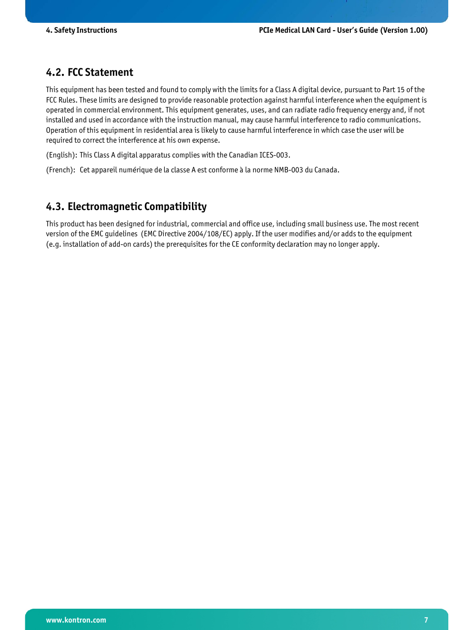 Fcc statement, Electromagnetic compatibility | Kontron PCIe Medical LAN Card User Manual | Page 9 / 22