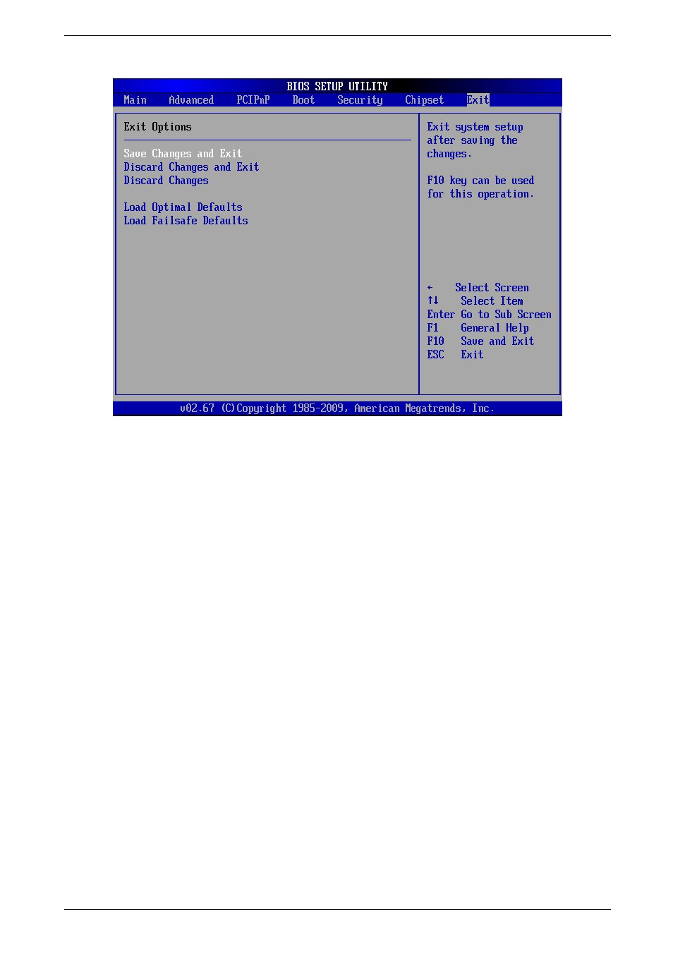 Exit, Save changes and exit, Discard changes and exit | Discard changes, Load optimal defaults, Load failsafe defaults | Kontron PCI-760 User Manual | Page 81 / 84