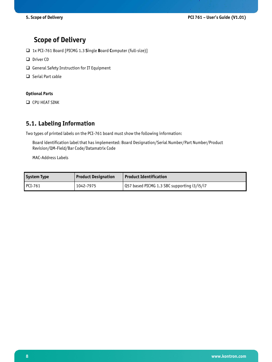 Scope of delivery, Labeling information | Kontron PCI-761 User Manual | Page 10 / 86