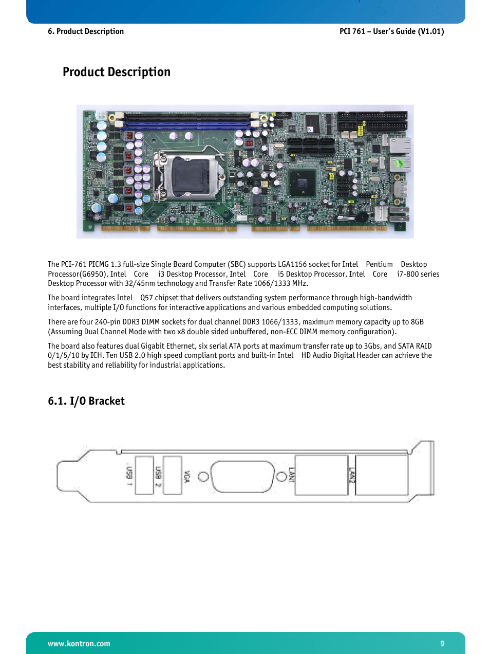 Product description, I/o bracket | Kontron PCI-761 User Manual | Page 11 / 86