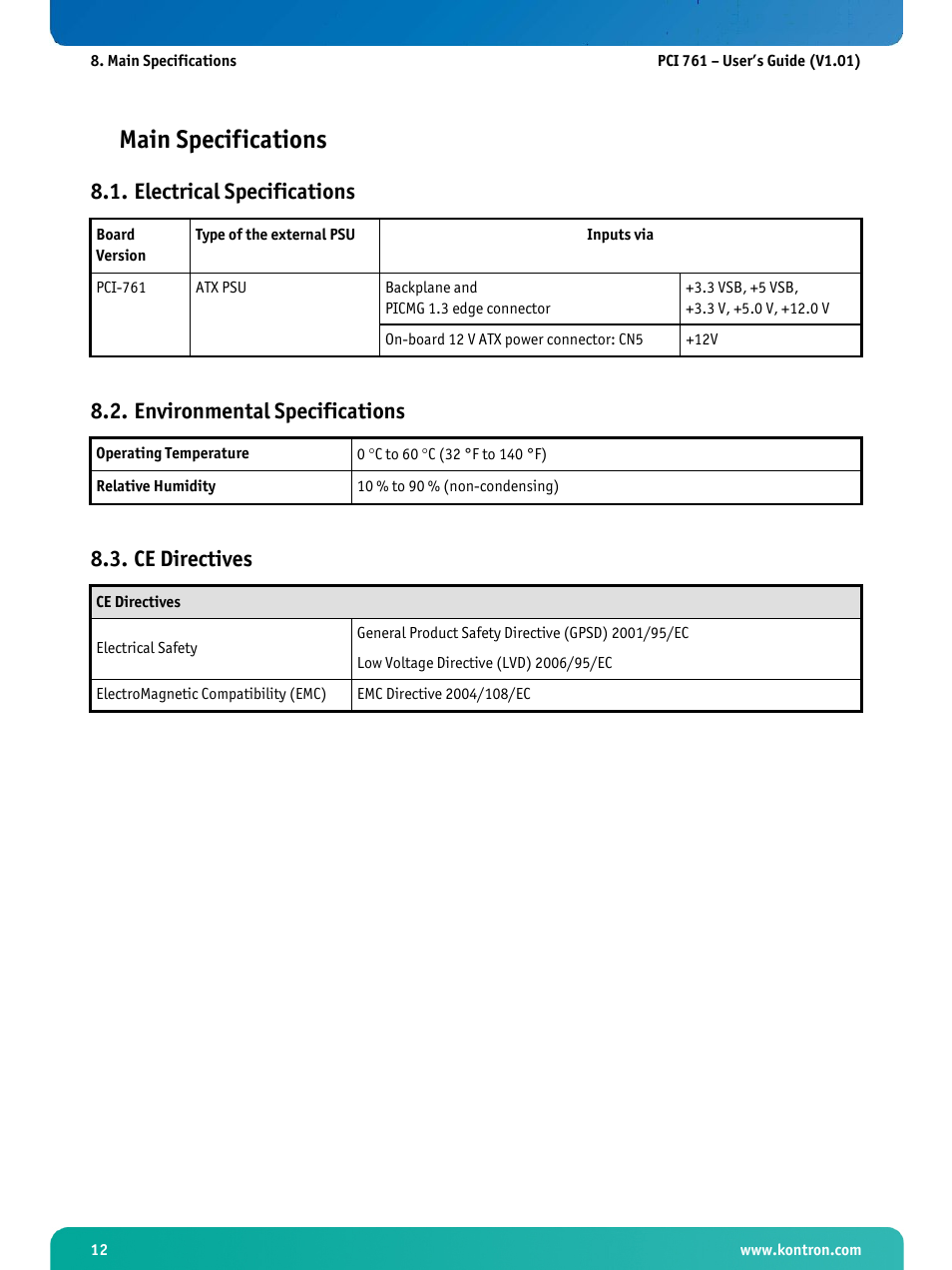 Main specifications, Electrical specifications, Environmental specifications | Ce directives | Kontron PCI-761 User Manual | Page 14 / 86