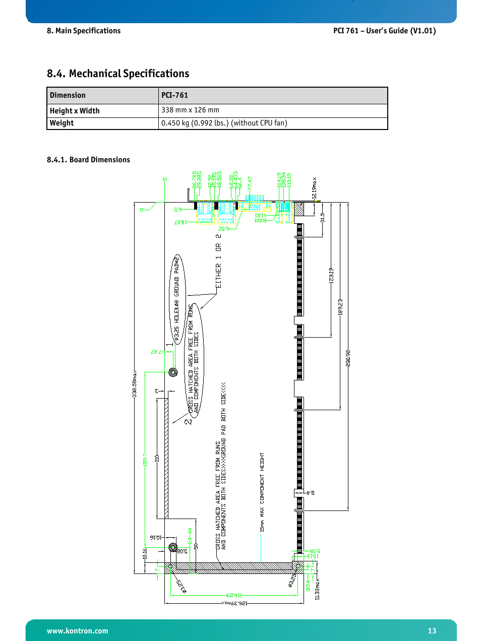 Mechanical specifications, Board dimensions | Kontron PCI-761 User Manual | Page 15 / 86