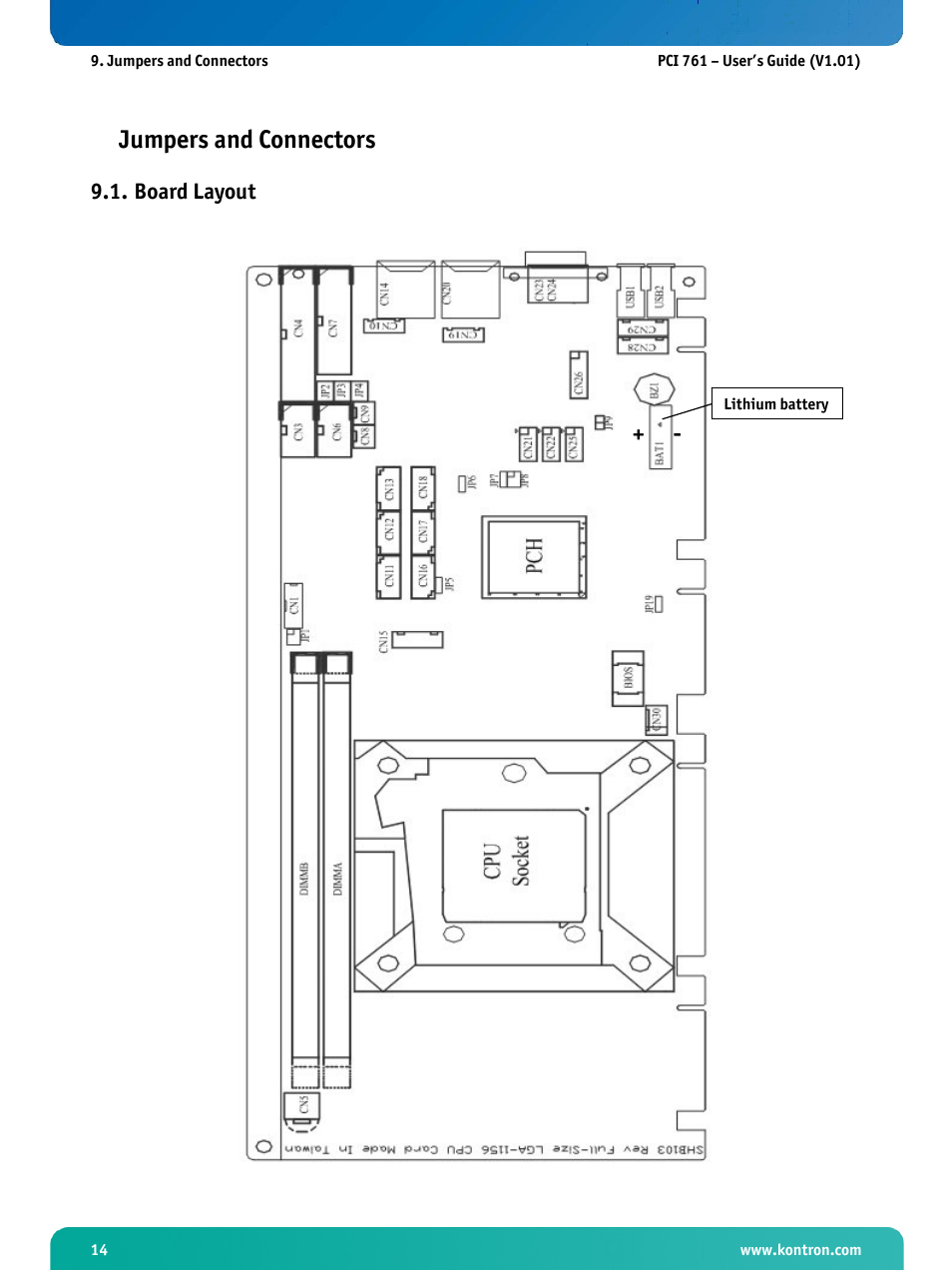 Jumpers and connectors, Board layout | Kontron PCI-761 User Manual | Page 16 / 86