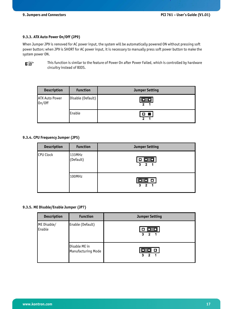 Atx auto power on/off (jp9), Cpu frequency jumper (jp5), Me disable/enable jumper (jp7) | Kontron PCI-761 User Manual | Page 19 / 86