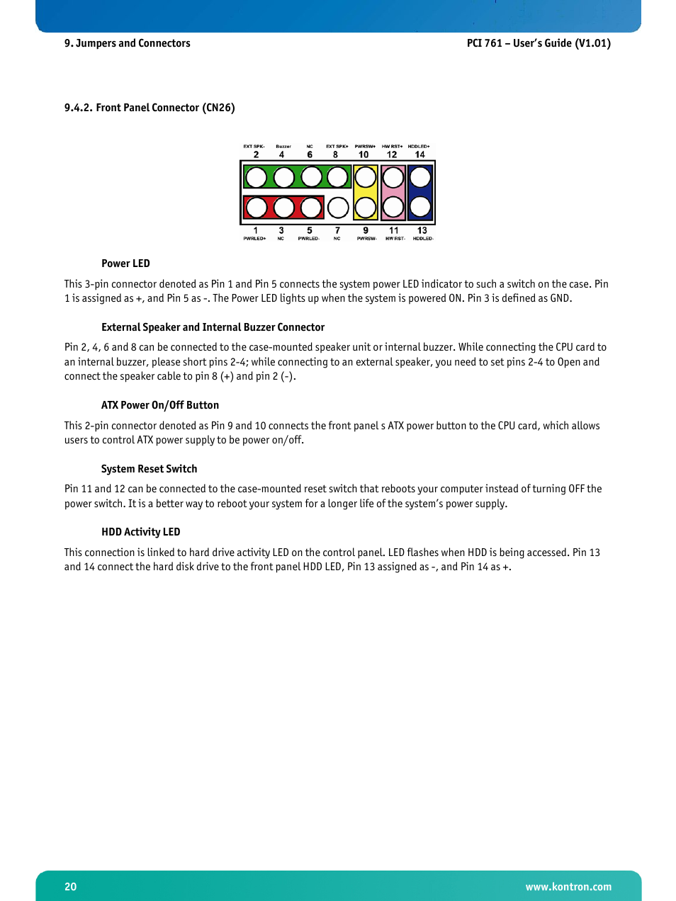 Front panel connector (cn26) | Kontron PCI-761 User Manual | Page 22 / 86