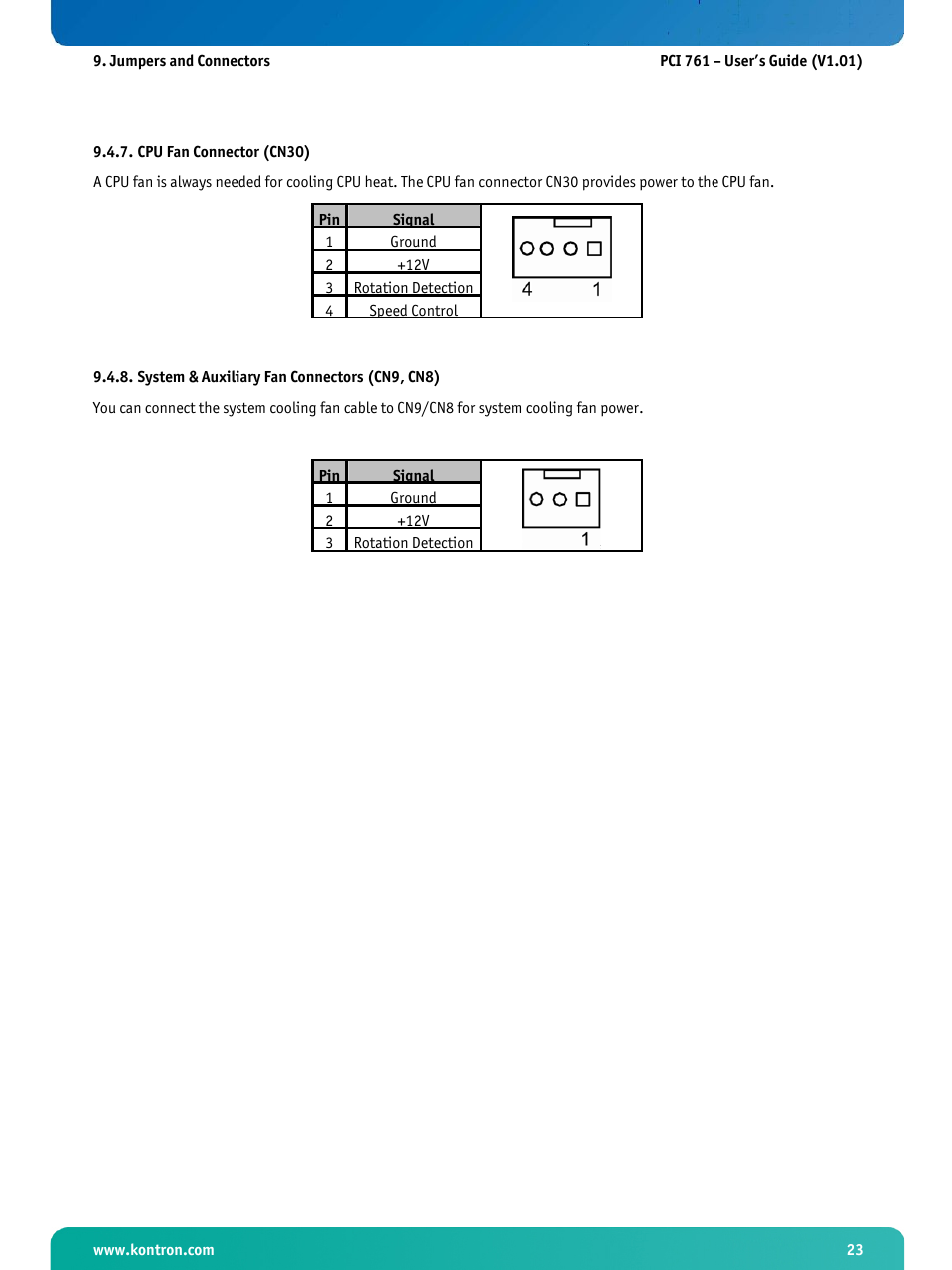 Cpu fan connector (cn30), System & auxiliary fan connectors (cn9, cn8) | Kontron PCI-761 User Manual | Page 25 / 86